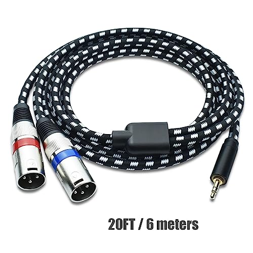 3.5 mm to Dual XLR Male Y Splitter Cable, 10 Feet Stereo 1/8 Mini TRS Headphone Jack to L/R Double XLR Male Aux Cord, Noise Free, Nylon Braided, for Studio Monitor Speaker and Phones