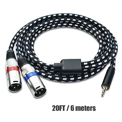 3.5 mm to Dual XLR Male Y Splitter Cable, 10 Feet Stereo 1/8 Mini TRS Headphone Jack to L/R Double XLR Male Aux Cord, Noise Free, Nylon Braided, for Studio Monitor Speaker and Phones