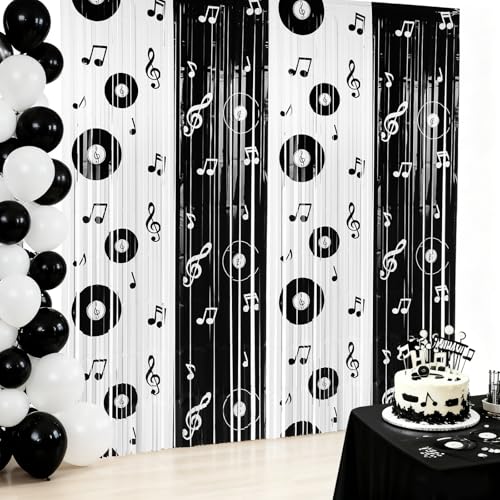 Gilprop 2 Pcs Music Birthday Party Decoration Backdrop Curtains Foil Fringe Musical Background Vinyl Record and Musical Note Curtain for Music Party Decorations, 3.28 x 6.56ft