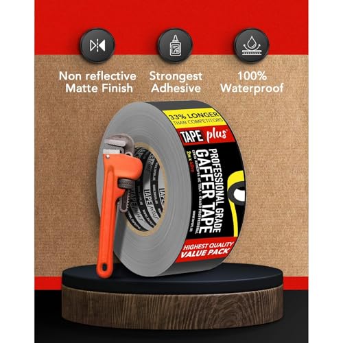 TapePlus Gaffer Tape Roll - Waterproof Adhesive Film - Electrical Cable Management & Floor Marking - Non-Reflective Vinyl Floor Tape - Residue-Free Removal - 2 in x 40 yd, Black, 6-Pack