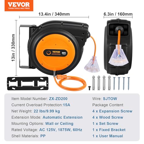VEVOR Retractable Extension Cord Reel, 80 FT, Heavy Duty 12AWG/3C SJTOW Retractable Power Cord with Lighted Triple Tap Outlet, 15 Amp Circuit Breaker 180° Swivel Bracket for Ceiling or Wall Mount | 15A Circuit Breaker, with Lighted Triple Tap Outlet, 180°