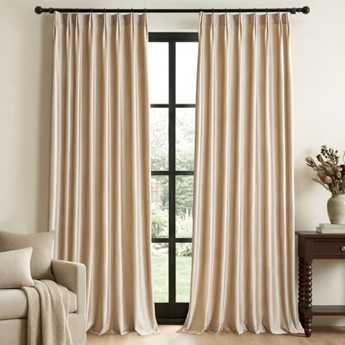 Beige Champagne Velvet Curtains 96 Inch: Living Room Pinch Pleated 2 Panels Luxury Darkening Thermal Insulated Drape with Hooks- Elegant Soundproof Noise Reducing Back Tab Window Curtain for Bedroom - color: Pinch Pleated | Beige/Champagne, size: 40"W x 9