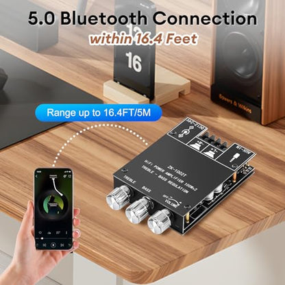 Daakro ZK-1002T Bluetooth Amplifier Board,100W+100W 2.0 Channel Amp Board with Treble/Bass Control,DC 12-24V, Bluetooth and AUX Inputs, Audio Amp Board for Home DIY Wireless Speakers, Password Free - color: ZK-1002T