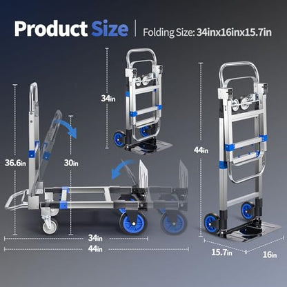 Leomru Pro 2 in 1 Aluminium Hand Truck Dolly 660lbs Capacity, Heavy Duty Convertible Hand Truck W/Pneumatic Wheels, Foldable Dolly Cart Collapsible Trolley for Moving with Retractable Handle