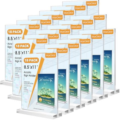 MaxGear Acrylic Sign Holder 8.5" x 11" Double Sided Sign Stand, 18 Pack | Clear Acrylic, Double Sided Display, Stable Tabletop Design, Quick Sign Changes, Fits Offices, Events And Retail Spaces - size: Strip-18pack