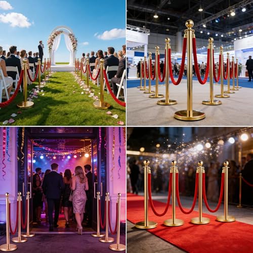 4 Pcs Modular Crowd Control Stanchion, Set with 5 Pcs 5 ft Red Velvet Ropes, Stainless Steel Crowd Control Barriers, Heavy-Duty Fillable Base, Splicing Style Stanchion Rope Divider (4 / Golden） - color: Golden
