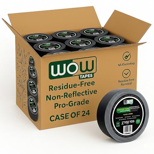 Wow Gaffers Tape 2 Inch Black - 50 Yards (Case of 24), Residue Free, Non-Reflective & Heavy-Duty - Professional Grade Gaff Tape - Ideal for Photography Backdrop, Cables, Cords & Floor Taping - color: Black, size: Case of 24 (Bulk Pack)
