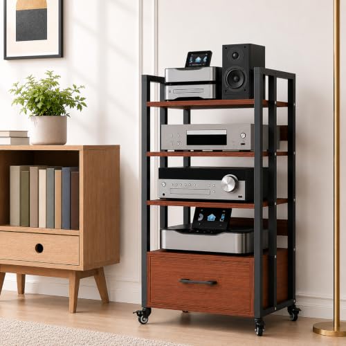 4-Tier Audio Rack with Wheels, AV Media Stand - color: 4-tier Teak