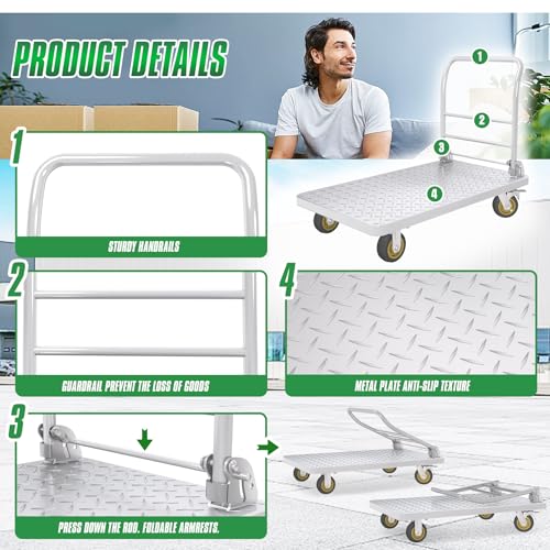 2600lbs Heavy Duty Platform Truck with Brake System (24" x 48") | Push Cart Dolly Foldable Flatbed Cart with 5'' Swivel Wheels Large Steel Platform Dolly Cart for Groceries, Garage, Warehouse - color: Silver - 48"x24" - 2600 Lbs