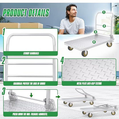 2600lbs Heavy Duty Platform Truck with Brake System (24" x 48") | Push Cart Dolly Foldable Flatbed Cart with 5'' Swivel Wheels Large Steel Platform Dolly Cart for Groceries, Garage, Warehouse - color: Silver - 48"x24" - 2600 Lbs