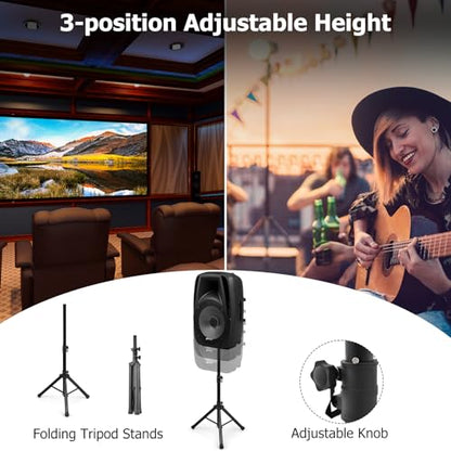 GOFLAME Portable 15" PA Speaker System Set, 1500W Powered 2-Way TWS Bluetooth DJ Party Speaker with Stand, Illuminating Light, USB/SD Card Reader, Microphone