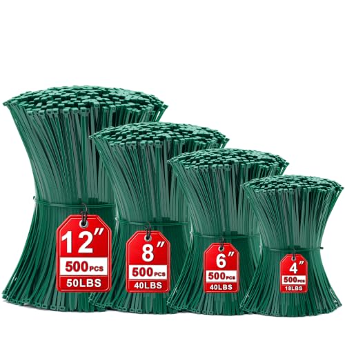 Zip Ties Assorted Sizes(4”+6”+8”+12”), 2000 Pack,Green Cable Ties,Multi-Purpose Self-Locking Nylon Cable Cord Management,Plastic Wire Ties for indoor and outdoor use. - color: Green, size: 4+6+8+12-Inch(2000PCS Set)