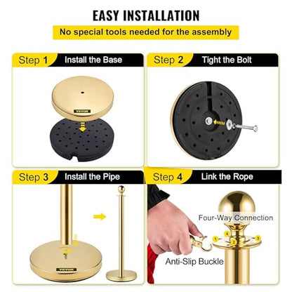 Vevor Velvet Ropes and Stanchion Post with Ball Top and Four Way Connection for Crowd Control Barriers, Safety, and Protection, Gold