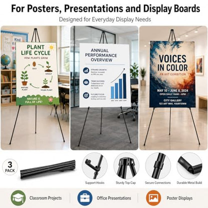 3 Pack Easel Stand for Sign, 63 Inch Portable Display Easel Stand, Black Metal Floor Easel for Wedding Welcome Sign, Poster Board, Party, Presentation, Event Display with Storage Bags