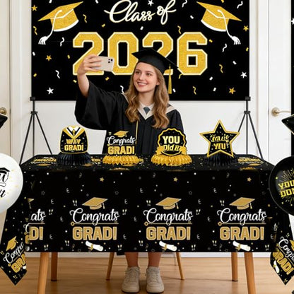 Graduation Table Cover 54x108 Inches, Black Gold Party Tablecloth for Food Table, Gift Table, Graduation Decor - style: Black Gold Tablecloth