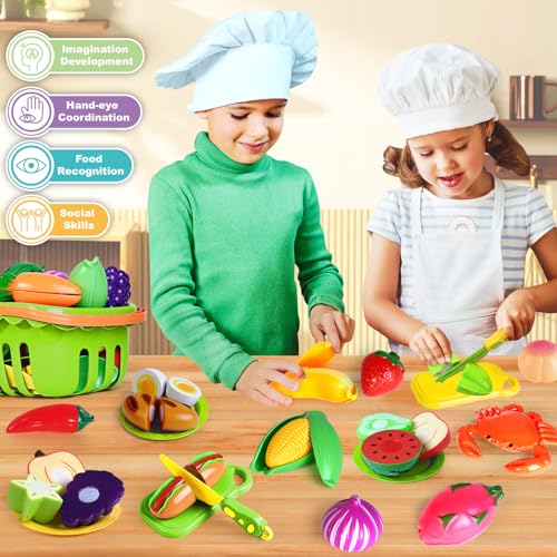 100 PCS Cutting Play Food Toy for Kids Kitchen, Pretend Food Kitchen Toys Accessories with 2 Baskets, Fake Food/Fruit/Vegetable, Christmas Birthday Gifts for 2 3 4 5 Years Old Toddlers Boys Girls - color: Green