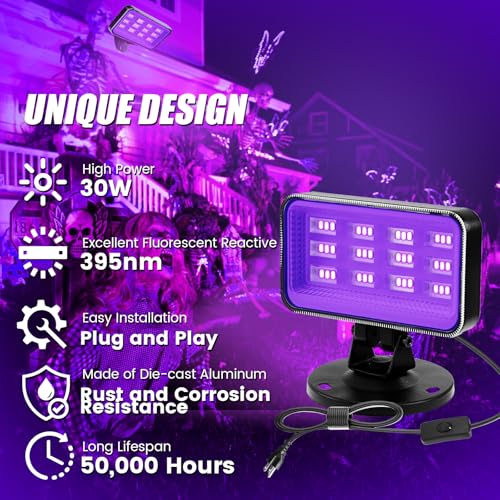 30W Black Lights for Glow Party - High Power LED Outdoor Black Light Flood Light Plug in IP66 Waterproof Blacklight Spotlight 395nm Blacklights FloodLight for Glow Party, Halloween (2 Pack)