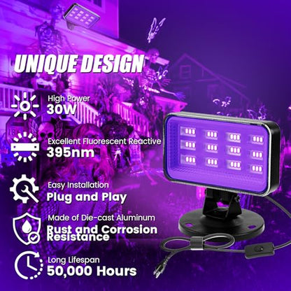 30W Black Lights for Glow Party - High Power LED Outdoor Black Light Flood Light Plug in IP66 Waterproof Blacklight Spotlight 395nm Blacklights FloodLight for Glow Party, Halloween (2 Pack)