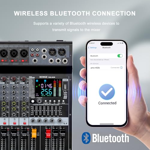 BOMGE Powr Mixers Audio, 6Channel Power Sound Mixer Amplifier 2 * 400W Dj Mixer Board withUSB, 6 X Mic Pres, +48V, Bluetooth, 256 Kinds of DSP for Speakers,concert party, karaoke studio
