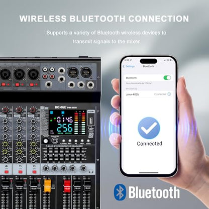 BOMGE Powr Mixers Audio, 6Channel Power Sound Mixer Amplifier 2 * 400W Dj Mixer Board withUSB, 6 X Mic Pres, +48V, Bluetooth, 256 Kinds of DSP for Speakers,concert party, karaoke studio