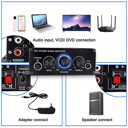 XMSJSIY 12V HiFi Stereo Audio Amplifier for Car 2 Channel HiFi Bass Audio | Subwoofer Amp for Cars CD DVD MP3 Player Speakers