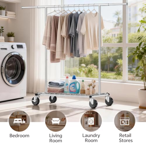 Heavy Duty Clothes Rack, Rolling Clothing Rack Load 420 LBS, Silver | Heavy Duty Clothing Rack for Hanging Clothes with Lockable Wheels & Shelves, Garment Rack for Bedroom Closet Laundry - color: Silver