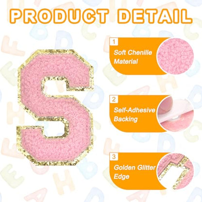MECCANIXITY Chenille Letter Patches 2.2" Self Adhesive Alphabet S Stick on Embroidered Patch Sew on Letter Stickers Applique for Repairing Clothing Jeans Shoes Hats DIY(Pink, Pack of 6) - style: Letter-S