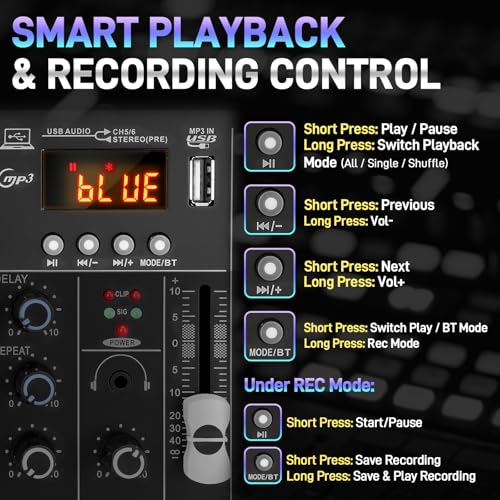 6-Channel Audio Mixer for Beginners, Easy Setup DJ Mixer with Bluetooth, USB/MP3 Sound Card, DSP Effects & 48V Phantom Power, Compact Mixing Console for Karaoke, Podcast & Streaming
