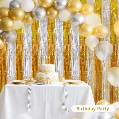 BEISHIDA Gold Silver Door Streamers Backdrop Foil Fringe Tinsel Party Streamers Curtains Photo Backdrop - 2Pcs for Birthday Graduation Bachelorette Party Decoations - color: 05-gold silver
