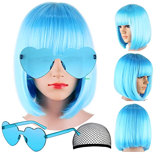 LIULIUBTY Short Bob Hair Wigs Straight with Flat Bangs Synthetic Colorful Cosplay Daily Party Neon Wig for Women + Free Wig Cap 15" Natural As Real - color: Blue