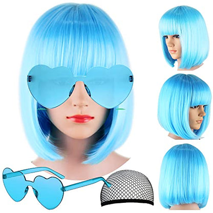 LIULIUBTY Short Bob Hair Wigs Straight with Flat Bangs Synthetic Colorful Cosplay Daily Party Neon Wig for Women + Free Wig Cap 15" Natural As Real - color: Blue