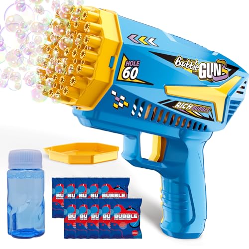 Bubble Machine Gun Kids Toys 60 Holes Bubble Machine with Bubble Solution | Bubble Blaster Gun with Bubble Solution,Outdoor Toy Birthday Party Favors Gifts for Boys Girls Age 3 4 5 6 7 8 9 10 Years Old - color: Blue