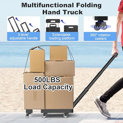 Folding Hand Truck, 500 LBS Heavy Duty Foldable Dolly Cart with Wheels, Telescoping Handle & 2 Elastic Ropes, Portable Luggage Cart for Moving, Travel, Home, Black Red