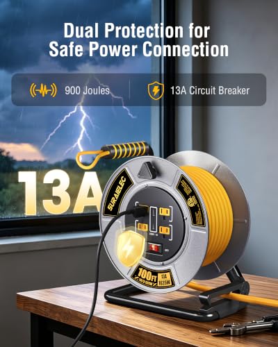 Retractable Extension Cord Reel 100 Ft, Metal Steel Cable Drum | 4 Grounded Outlets, USB-A & USB-C Port, 13A Circuit Breaker, Hand Crank 14 AWG Extension Cord Reel for Garage, Jobsite - size: 100FT 14AWG