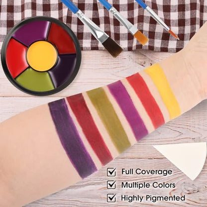 6 Colors Halloween Face Body Paint + 6pc Sponge + 3pc Brush, Yellow Purple Red Green Bruise Wheel for SFX Makeup, Face-Paint Body Paint Halloween Makeup Kit for Zombie Clown Joker Alien Witch Costume - color: Set 03