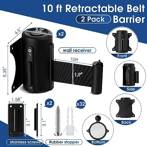 Thyle 2 Pieces Wall Mounted Retractable Belt Barrier Wall Mount Caution Belt with 10 Feet Black Belt Crowd Control Barriers Rope Safety Barriers for Indoor Outdoor Grocery Retail Store Stadium School