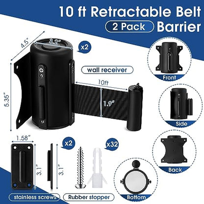 Thyle 2 Pieces Wall Mounted Retractable Belt Barrier Wall Mount Caution Belt with 10 Feet Black Belt Crowd Control Barriers Rope Safety Barriers for Indoor Outdoor Grocery Retail Store Stadium School