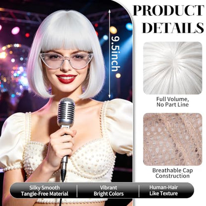 Short Bob Straight Hair Wigs with Bangs, Synthetic Fiber Colorful Hair, Cat Eye Glasses for Women (White) - color: White