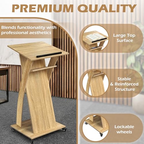 Wooden Podium Stand with Lockable Wheels, Mobile Lectern Pulpit with Storage Shelf for Church, Classroom, Office, and Conference Room - color: Natural Oak