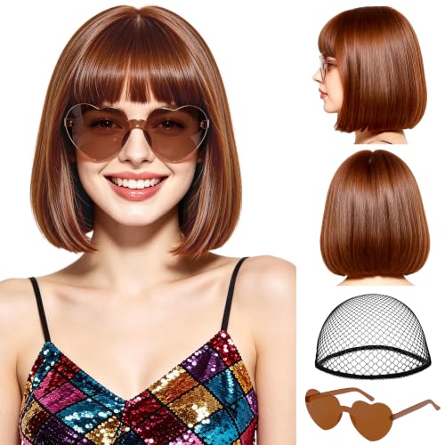 Short Bob Straight Hair Wigs with Bangs, Synthetic Fiber Colorful Hair, Heart-shaped Sunglasses for Women (Brown) - color: Brown