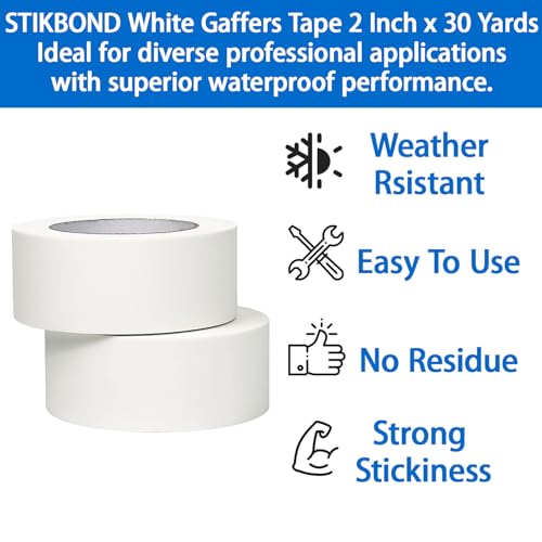 Heavy Duty White Gaffers Tape 2 inch x 30 Yards - 2 Pack Easy to Rip No-Residue Cloth Tape for Stage, Events