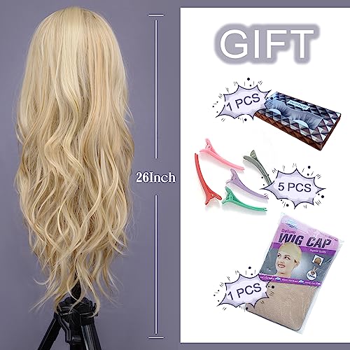 Aida ble Long Wavy Blonde Wig for Women 26 Inch Middle Part Synthetic Wig | Natural Looking Heat Resistant Hair,Suit for Daily Wear,Party,Halloween and Cosplay,Beginner-friendly,Lightweight and soft - color: Blonde