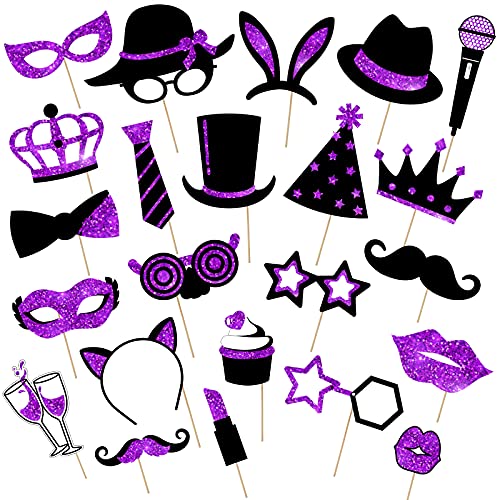 Zonon 24 Pcs Funny Photo Booth Props Set, Black and Purple | Props on Sticks for Wedding, Reunion, Prom, Includes Mustache, Hats, Glasses, Ties, Lips, Crowns, Fun Party Accessories - color: Black and Purple