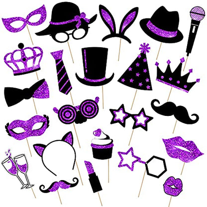 Zonon 24 Pcs Funny Photo Booth Props Set, Black and Purple | Props on Sticks for Wedding, Reunion, Prom, Includes Mustache, Hats, Glasses, Ties, Lips, Crowns, Fun Party Accessories - color: Black and Purple