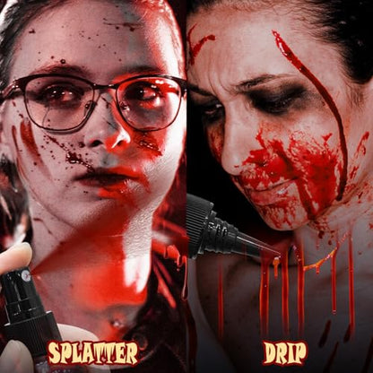 3PCS Halloween Fake Blood Makeup Kit, Fake-Blood Spray 50ML + Dripping Blood 50ML + Cleansing Soap, Fake-Blood Washable for Clothes Face Zombie Monster Vampire Cosplay SFX Makeup (Fresh + Fresh) - color: Fresh + Fresh (3PCS Kit)