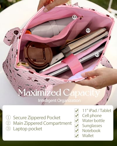 Miss Adola Quilted Shoulder Tote Bag with Zipper for Women | Multi-Pocket Storage, Quilted Cotton Texture, Large Capacity, Top Zipper Closure, 16 Inch Laptop Fit, Work Travel Teacher - color: Cherry Bow
