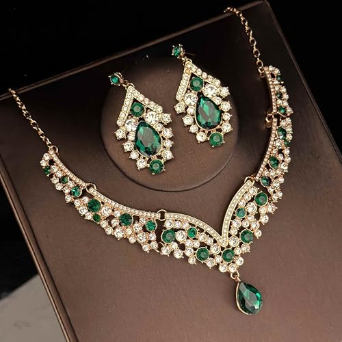 Tiaras Crowns for Women,Wedding Jewelry Set, Tiaras Necklace Earrings Crystal Bridal Wedding Jewelry Sets for Brides Bridesmaid Prom Costume Accessories - color: Gold Green