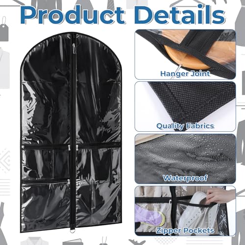 4 Pcs Garment Bags for Dance Costumes, 40 x 24 Inch Black PVC Garment Bag with 3 Zippers Pockets Foldable Costume Organizer Bag for Dance Competitions, Ballet, Theatre