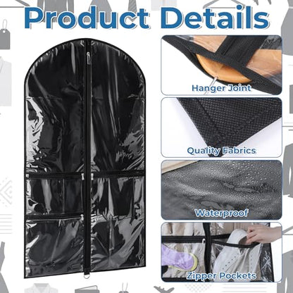 4 Pcs Garment Bags for Dance Costumes, 40 x 24 Inch Black PVC Garment Bag with 3 Zippers Pockets Foldable Costume Organizer Bag for Dance Competitions, Ballet, Theatre