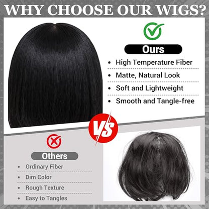 Short Bob Straight Hair Wigs with Bangs, Heat Resistant Fiber Hair, Heart-shaped Glasses for Women (Black) - color: Black